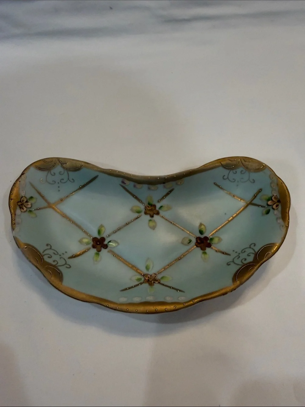 Vintage Decorative Porcelain Dish in Pale Blue with Gold Trim